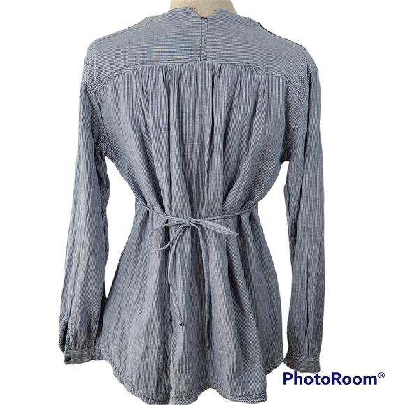 Free People sustainable boho navy stripe long sleeve gathered top, Small - Picture 2 of 8